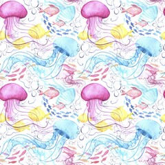 Underwater world watercolour seamless pattern
