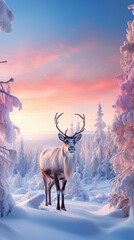 Winter picture of reindeer in the snowy forest, in soft pink and blue pastel colors, great for Christmas cards and campaigns
