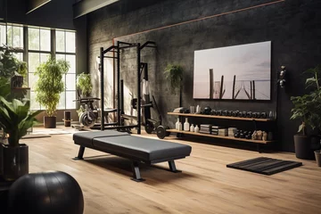 Poster de jardin Fitness A modern home gym setup, Home Fitness Revolution: On-Demand Workout Solutions, Top-Downloaded Health and Wellness at Home, Active Living