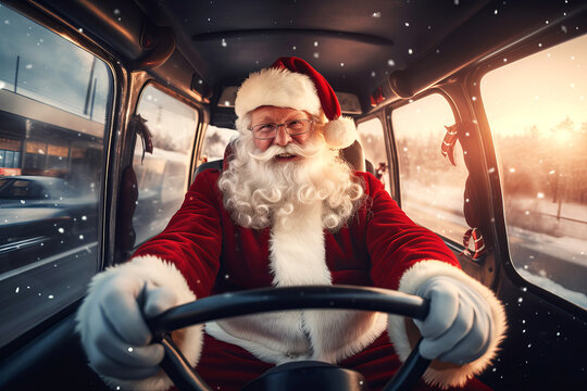 Portrait of Santa Claus driving a car. 