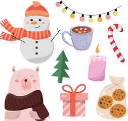 Christmas icons with snowman, bear, cup of hot cocoa