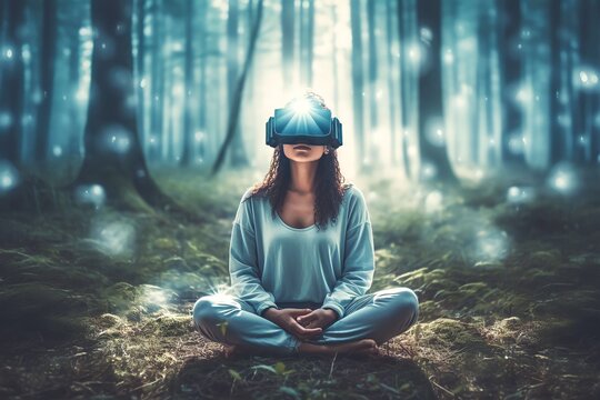 Young woman practicing meditation in futuristic way wearing VR headset