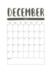 Vector Calendar Planner for December 2024. Week Starts Sunday. Stationery Design for Printable. Objects Isolated on White Background.