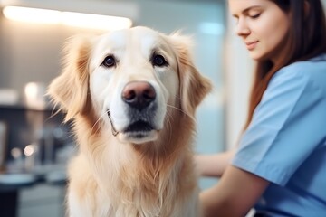 Young specialist veterinarian performs treatment on a dog at Modern Pet Help Center