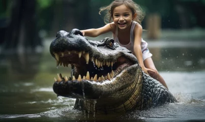 Fotobehang With a big smile on her face, the little girl fearlessly took a ride on the back of the alligator. © uhdenis