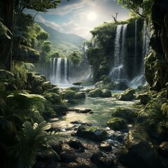 garden of eden waterfall nature cinematic - obrazy, fototapety, plakaty