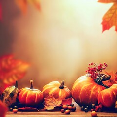 Naklejka na ściany i meble autumn still life with pumpkin and autumn leaves creative AI design.