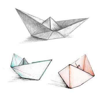 Watercolor illustration set of three paper boats hand-drawn isolated on white background. Sketch picture of small toy ships for icon or logo, designs and greetings