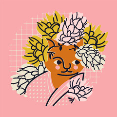 Cute cat in kimono and with flowers on pink background. Vector postcard, illustration, print, design