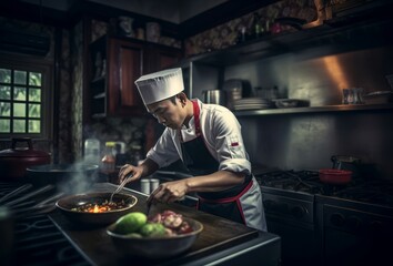 Asian cooking chef kitchen. Cafe job. Generate Ai