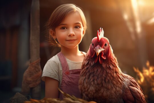 Child girl chicken photo. Cute person. Generate Ai
