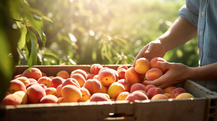 Person holding a fresh basket of ripe peaches, farmer harvesting, fresh golden orange pink peach