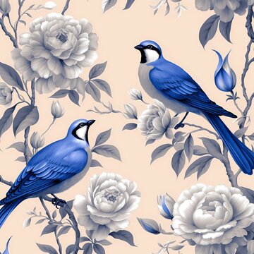 Naklejki chinoiserie art rose with blue jay bird classic mural painting 