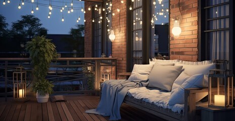 Outdoor balcony with warm lights and lighting created with AI - obrazy, fototapety, plakaty