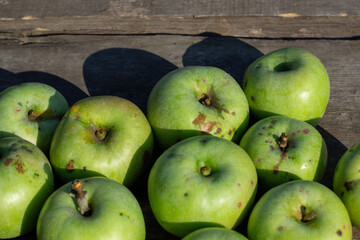 green apples on a table outside, imperfect with dots