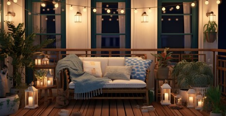Fototapeta na wymiar Outdoor balcony with warm lights and lighting created with AI