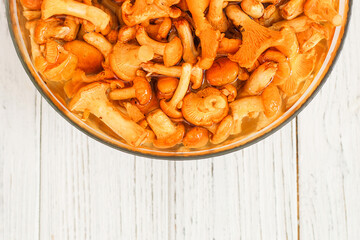 Cantharellus Cibarius, chanterelle mushrooms yellow soaked in water with salt