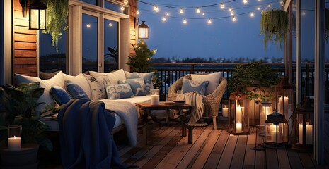 Outdoor balcony with warm lights and lighting created with AI