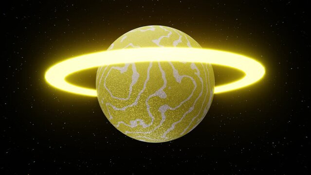 3D moon neon and glitter abstract looped background. Yellow and silver disco planet with glowing hoop. Stars in galaxy dark space. Y2K 80s retro wallpaper. Bright colors. 4K 30 fps animation