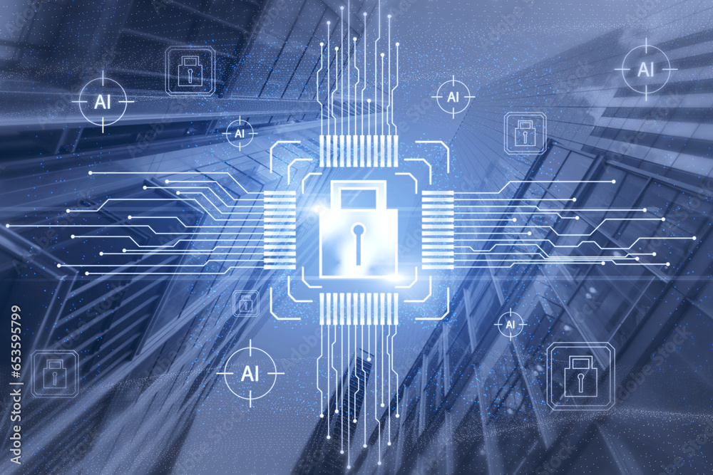 Poster creative glowing padlock hologram on blurry city background with various icons and circuit. safety, 