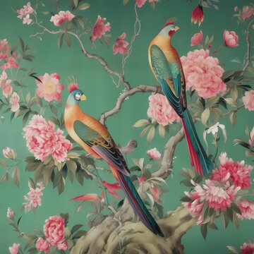 Chinese chinoiserie, realistic Limosa birds of paradise in bloom peonies garden mural painting in bright color 