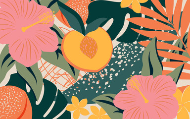 Modern peach floral collage. Exotic tropical leaves with fruits create a horizontal poster for interior decor design.  © Sagittarius_13