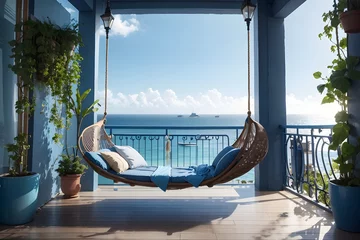 Foto op Plexiglas A stunning blue balcony overlooking the ocean, with a cozy amaca swinging in the gentle breeze. © Paola