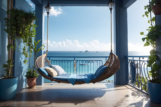 A stunning blue balcony overlooking the ocean, with a cozy amaca swinging in the gentle breeze.