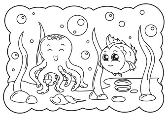 Coloring book for children, cute sea animals octopus and kawaii fish.