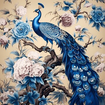 luxury chinoiserie painting style of plum tree cherry blossom with peacock