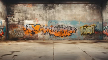  Empty urban courtyard with concrete walls. Interior background with colorful graffiti on grungy front wall © evannovostro