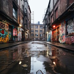 Fototapeta na wymiar Empty urban street view with colorful abstract graffiti on walls