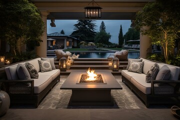 Stylish outdoor lounge area with a beautiful fire pit and elegant furniture on a lavish setting. Generative AI