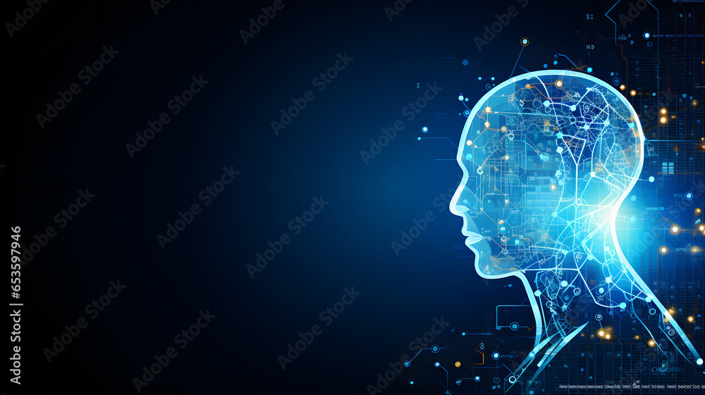 Poster Artificial intelligence technology background. with face of digital ai. data analytic information.