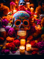 Day of the Dead festival decorated skull with flowers and candles - ai generative
