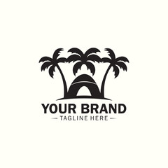 Naklejka premium logo illustration of three coconut trees and a tent