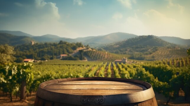 Frontal view of round empty wooden oak barrel with blurred vineyard background for product placement.
