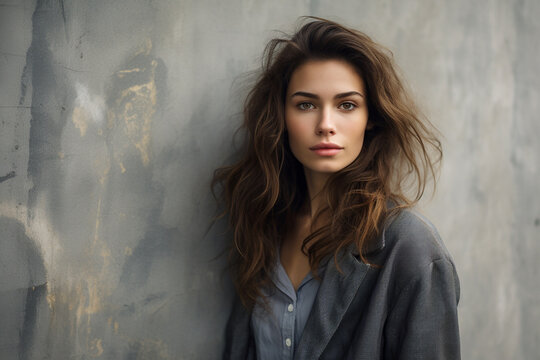 portrait of beautiful young woman standing on grey wall 