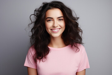 Fototapeta premium woman with pleasant smile, dark hair, dressed in casual pink t-shirt, white background