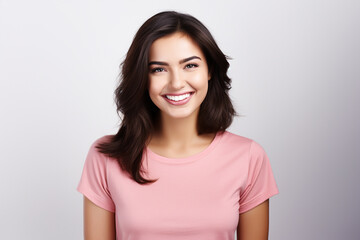 Fototapeta premium woman with pleasant smile, dark hair, dressed in casual pink t-shirt, white background