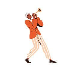 Music player performing jazz, blues. Black man playing trumpet. African-American musician with wind instrument in hands, blowing, standing in hat. Flat vector illustration isolated on white background © Good Studio