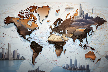 visually captivating series of images that symbolize the interconnectedness of the global business landscape. Start with a world map as the backdrop and overlay it with intricate, interconnected netwo