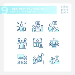 Fototapeta na wymiar Pixel perfect blue icons representing soft skills, editable thin line illustration set.