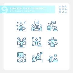 Pixel perfect blue icons representing soft skills, editable thin line illustration set.
