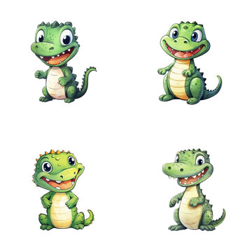 set of cute crocodile watercolor illustrations for printing on baby clothes, sticker, postcards, baby showers, games and books, safari jungle animals vector