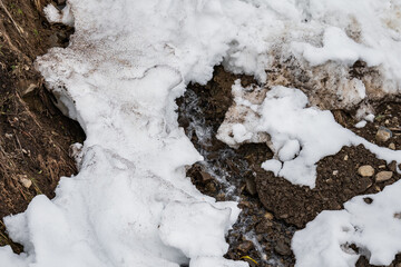 snow covering dirt and stones. close-up of dirty snow. background of snow and stones. snow covering a small stream