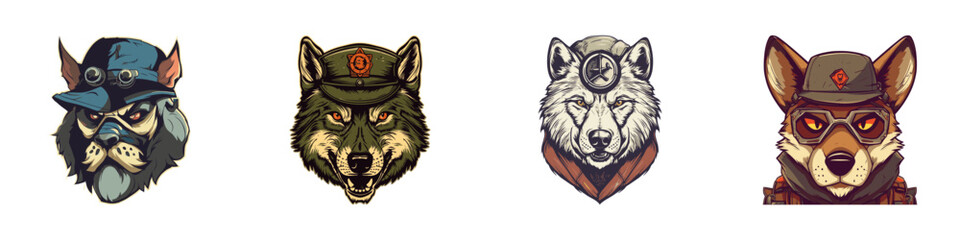 Set of dog head in military cap. Vector illustration