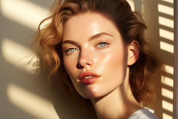 Fototapeta premium Beautiful young woman with clean fresh skin enjoys the sun rays , Cosmetology , beauty and spa healthy skin