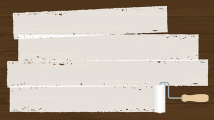 ローラーで白く塗られた木の壁　ペンキ　絵の具　16:9