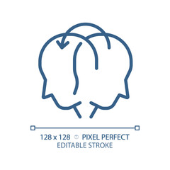 2D pixel perfect editable blue sharing icon, isolated vector, thin line illustration representing soft skills.